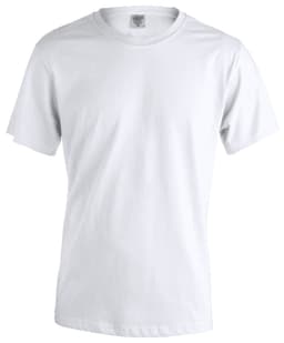 A plain white adult t-shirt with short sleeves, featuring a logo on the label inside the neckline.