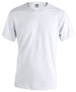A plain white adult t-shirt featuring short sleeves and a classic crew neck design, with a branding label inside.