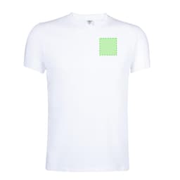 A white adult t-shirt with a square area outlined in green, indicating a placement for design or branding.