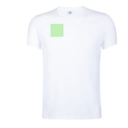A white adult T-shirt featuring a blank green area and a logo on the front.