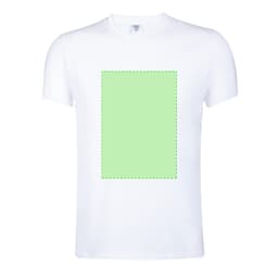 A white adult t-shirt featuring a blank green area in the centre and a logo on the label.