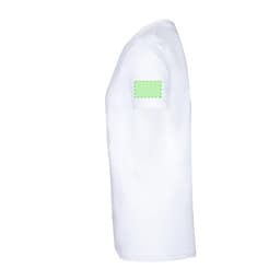 A white adult T-shirt featured from the side, with a green patch on the sleeve.