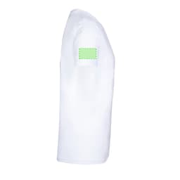 A white adult t-shirt with a visible arm section and a logo on one side.
