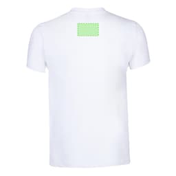 A plain adult white T-shirt featuring a small rectangular area on the back, suitable for branding.
