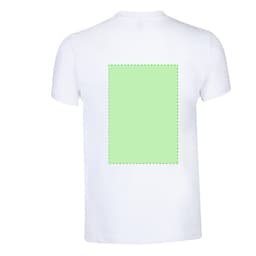 A white adult T-shirt featuring a green rectangle design on the back and a logo imprint.
