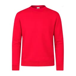 A red hoodie with a crew neck design, featuring long sleeves and a subtle logo.