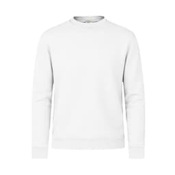 A white hoodie featuring a crew neck and long sleeves, with a small logo on the side.