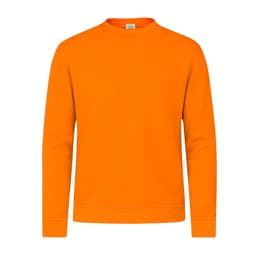 An orange hoodie with long sleeves and a round neckline, featuring a logo.