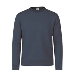 A navy blue jumper with long sleeves and a crew neckline, featuring a branding logo.