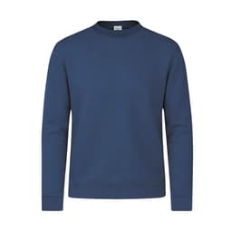 A navy blue hoodie with long sleeves, a round neckline, and a simple design. It includes a branding logo.