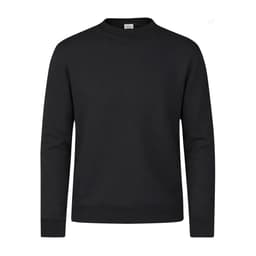 A black sweatshirt with long sleeves and a rounded neckline, featuring a subtle logo on the front.