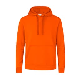 An orange hoodie with a front kangaroo pocket and adjustable drawstring hood. It features a logo on the chest area.