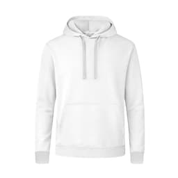A white hoodie with a front pocket and a drawstring hood. The garment features a logo.