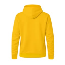 A bright yellow hoodie featuring a hood and long sleeves, with a plain back design and a logo.
