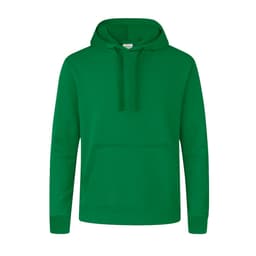 A green hoodie featuring a front pocket and a drawstring hood. The garment has a logo on it.