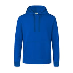 A blue hoodie featuring a front pocket and drawstring hood, with a branding logo present.