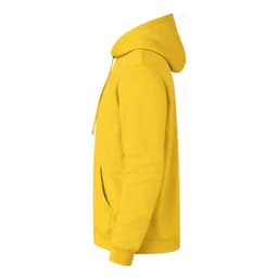 A bright yellow hoodie featuring a hood and a front pocket, with a logo on the side.