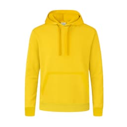 A bright yellow hoodie featuring a front pocket and a hood, with a logo on the chest.