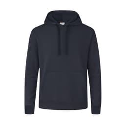 A navy hoodie with a front pocket and a kangaroo pouch, featuring a drawstring hood.