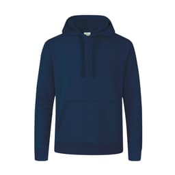 A navy blue hoodie featuring a front pocket and a drawstring hood, with a branding logo.