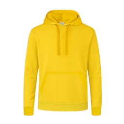 A bright yellow hoodie featuring a front pocket and a drawstring hood, with a logo on the front.