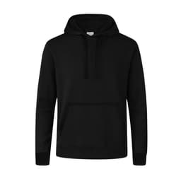 A black hoodie with a front pocket and a drawstring hood, featuring a branding logo.