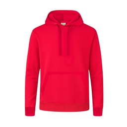 A red hoodie featuring a front pocket and a drawstring hood. The design includes a logo on the garment.