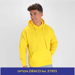 A bright yellow hoodie with a front pocket and drawstring hood, featuring a logo on the chest area.