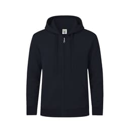 A navy hoodie with a full zip, drawstrings, and a front pocket, featuring a logo on the chest.