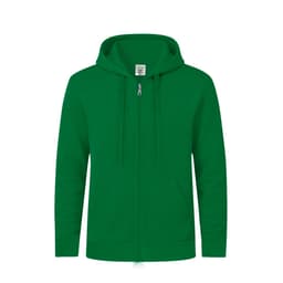 A green hoodie zip-up with a front pocket and adjustable drawstrings, featuring a logo on the label.