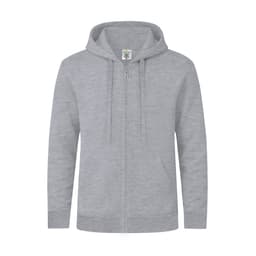 A grey zip-up hoodie featuring a hood and drawstrings, with a small logo on the label.