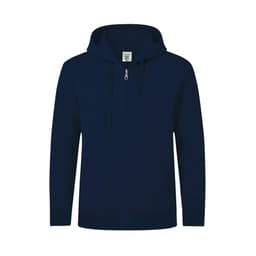A navy blue hoodie with a front zip and a hood, featuring a logo on the chest area.