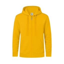 A yellow hoodie with a zip front, featuring a hood and two front pockets. It includes a branding label.