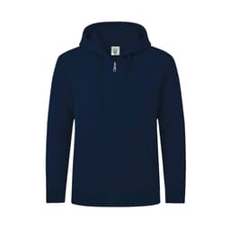 A navy blue hoodie with a zip front, featuring a hood and long sleeves. It has a small logo on the chest.