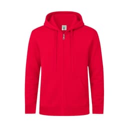 A red zip-up hoodie featuring a front pocket and a hood, with a branding label inside.