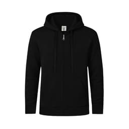 A black hoodie with a zip front, drawstring hood, and front pockets. It features a logo on the label.