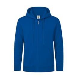 A blue zip-up hoodie with a hood and front pockets, featuring a logo on the chest area.