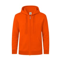 An orange zip-up hoodie with a front pocket and a hood. It features a logo on the inside label.
