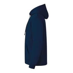 A navy blue hoodie featuring a hood and side pockets, with a logo on the front.