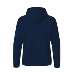 A navy hoodie featuring a classic design with a large back panel and a hood. It includes a logo branding.