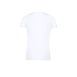 A white short-sleeved T-shirt featuring a plain design with a branding logo on the back.