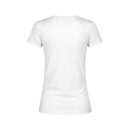 A white fitted T-shirt with short sleeves and a round neckline, featuring a logo on the back.