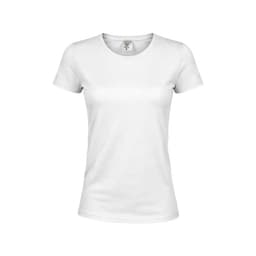 A white women's t-shirt with a round neckline and short sleeves, featuring a logo.