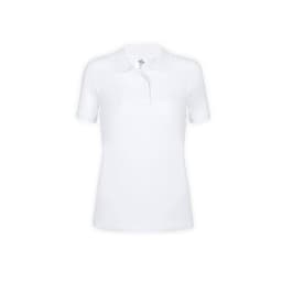 A white polo shirt with a classic collar and short sleeves, featuring a logo on the chest.