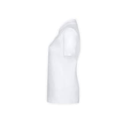 A white polo shirt with short sleeves, featuring a collar and a logo on the side.