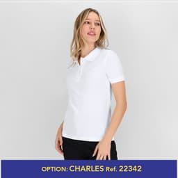 A white polo shirt features a collar and short sleeves, displayed by a model against a neutral background.