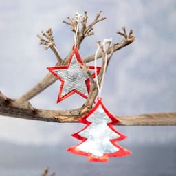 A red and silver star and tree ornament hanging from a branch, featuring a shiny, reflective surface.