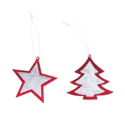 A red and silver Christmas decoration set featuring a star and a tree shape, each with a hanging cord.