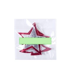 A silver and red star-shaped Christmas decoration in a clear packaging with a logo.