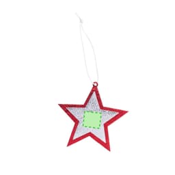 A red and silver glitter star ornament with a loop for hanging. Features a blank space for personalisation.